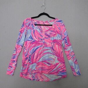 Lilly Pulitzer Top XS Pink Blue Sorella‎ Henley Oh My Guava Pima Cotton Vibrant
